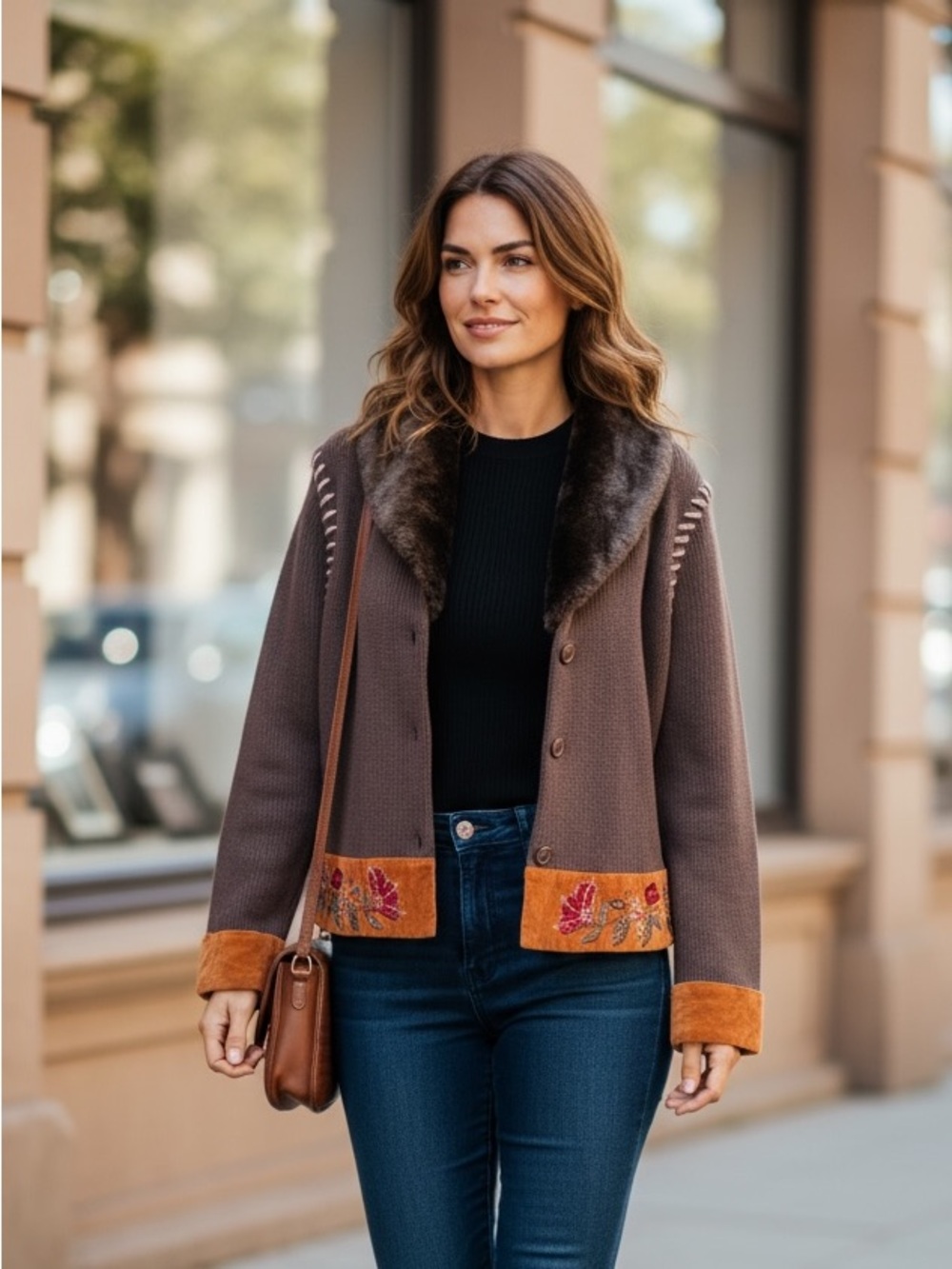 Together Mauve-Brown Knit Cardigan with Faux Fur Trim
